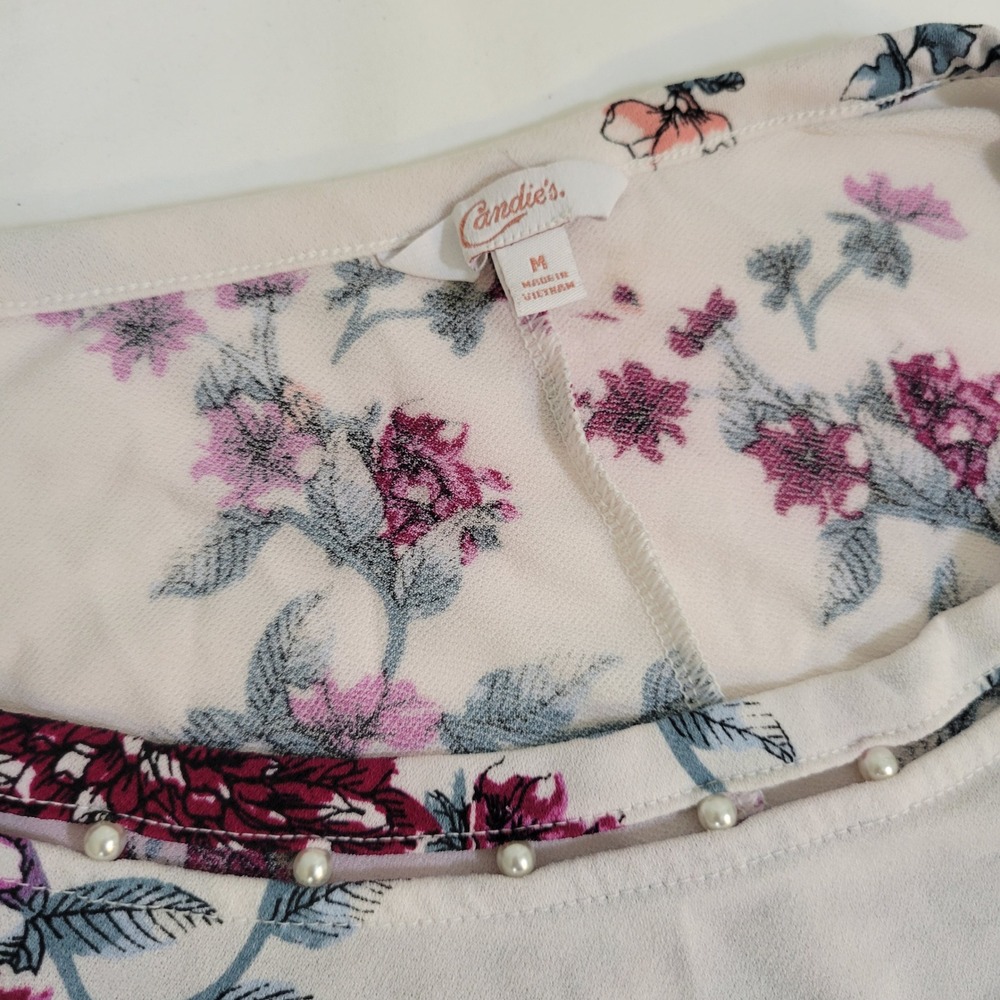 Candies Womens Floral Pearl Neck Flutter Sleeve Blouse Top Purple White Size M - Picture 4 of 7